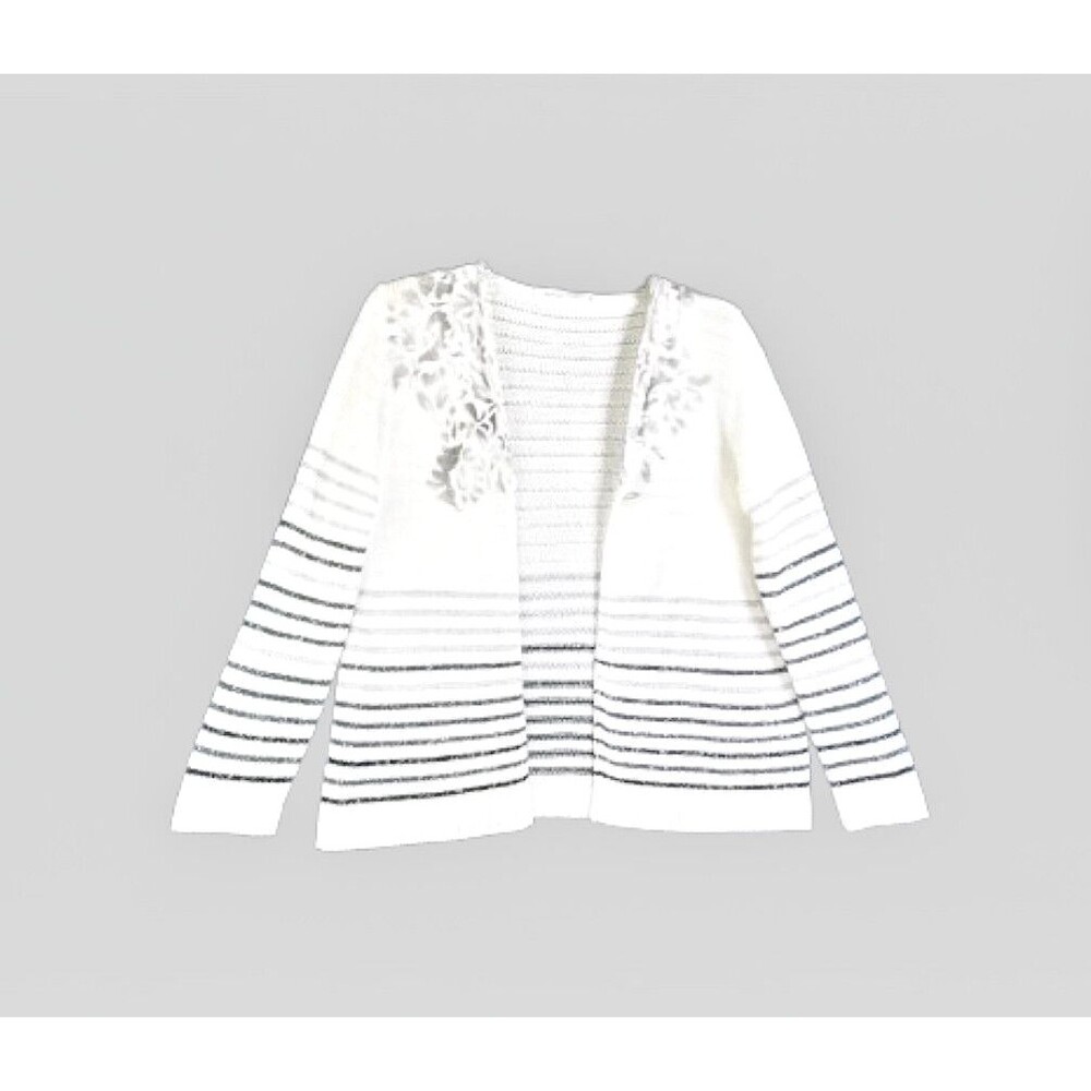 SKOVHUUS White Striped Cardigan Sweater Sz XL Gray Black Silver Stripes Italy - Picture 7 of 9